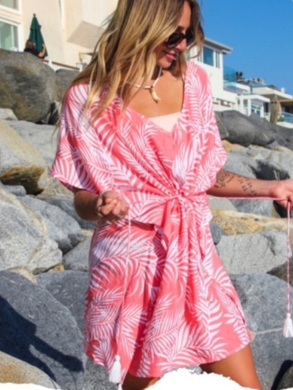 Cleobella Dreamy Sunset Coral Pink Tassel Tie Waist Kaftan Swim Cover Up - OS